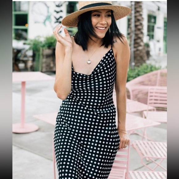 Zara Black Polka Dot Spaghetti Strap Cowl Neck Midi Dress Size Medium - Picture 2 of 5